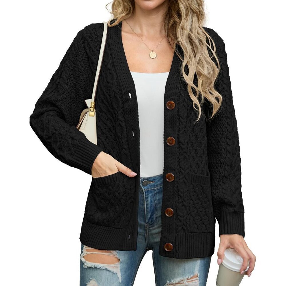 Women Fall Cable Knit Sweater Cardigan Large Wool Blend Button Pockets